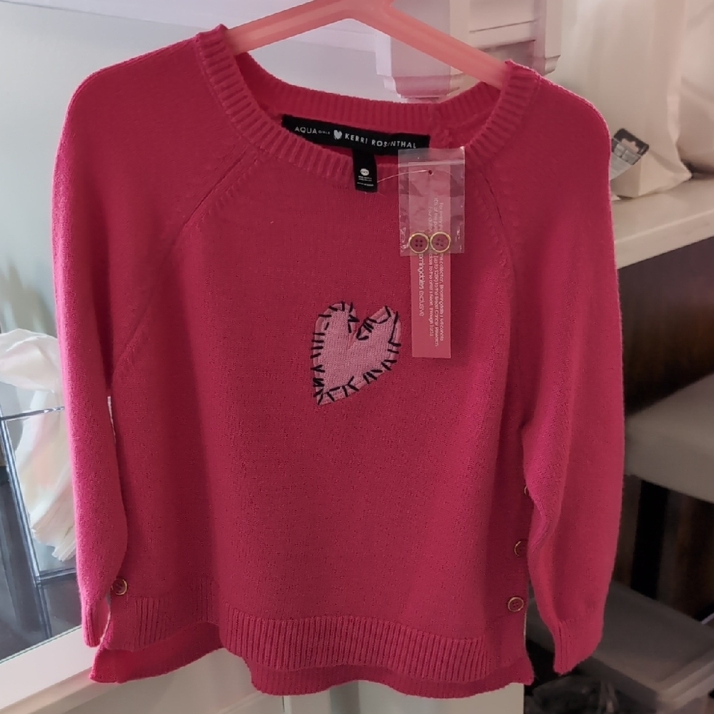 Aqua Pink Knit Crewneck Sweater with Appliqué